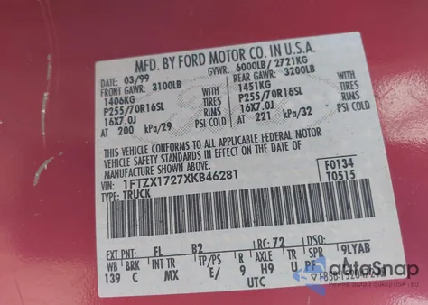 1999 Ford F-150 Work Series/Xl/Xlt из США, поврежденный, VIN 1FTZX1727XKB46281